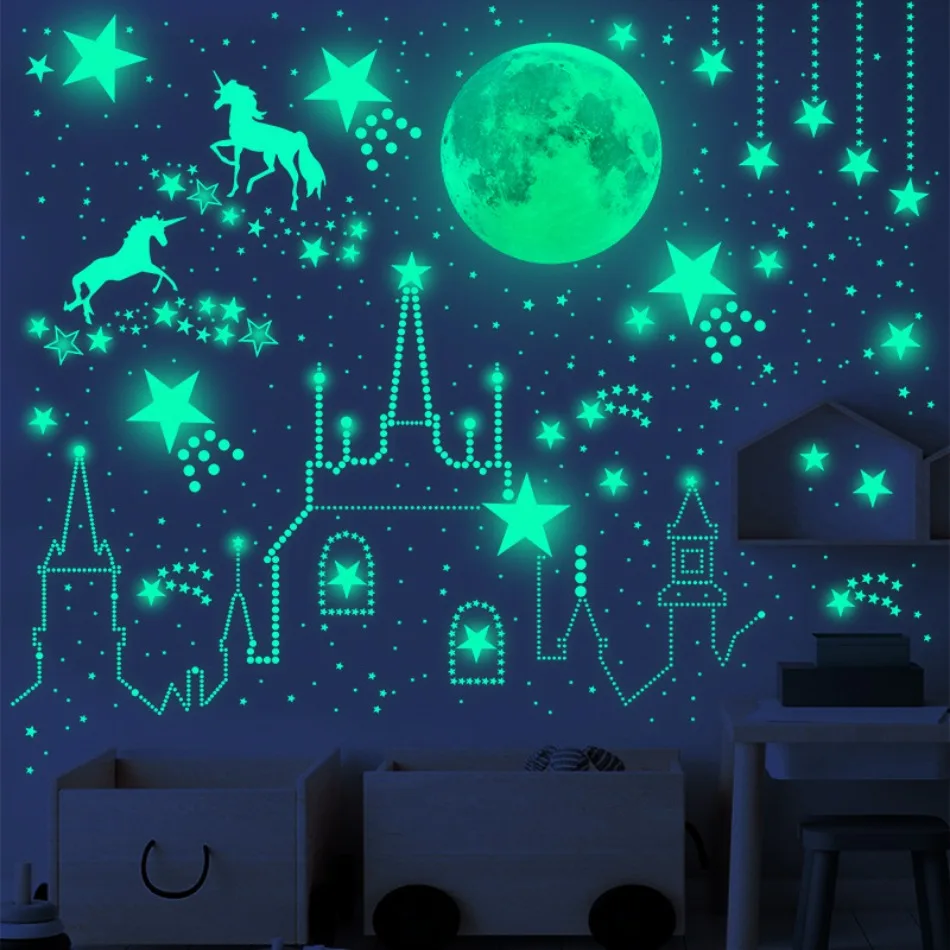 Glow in the Dark Moon Unicorn Star Polka Dot Stickers for Children's Room Bedroom Fluorescent Wall Stickers
