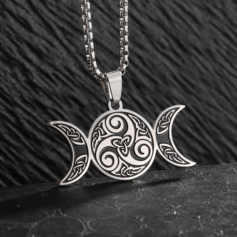 Witch Triple Moon Protection Ciondolo A Spirale Pagan Trinity Collana Con Nodo Celtico Per Uomo Donna Gioielli Fortunati In Acciaio Inossidabile