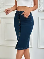 2025 Spring New Women's Summer Front Multi-Button Denim Skirt Fashion Elastic Knee Length Slim Hip-hugging Jeans Pencil Skirt - Image 3
