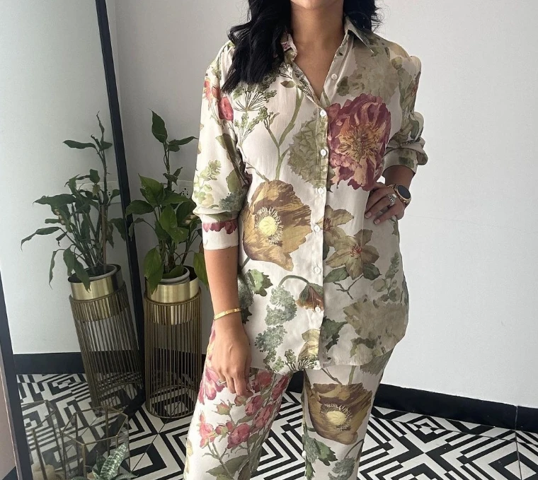 Pants Sets for Women 2024 Floral Prints Long Sleeved Casual Shirt Cropped Pants Fashion Floral Print Pants Set Women 2 Piece