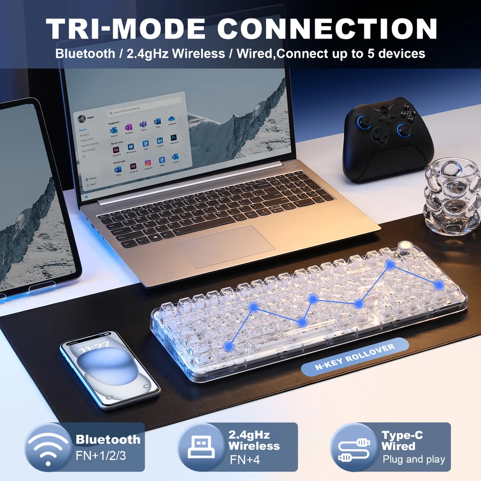 YUNZII X98 ホワイト透明メカニカルゲーミングキーボード、ワイヤレス