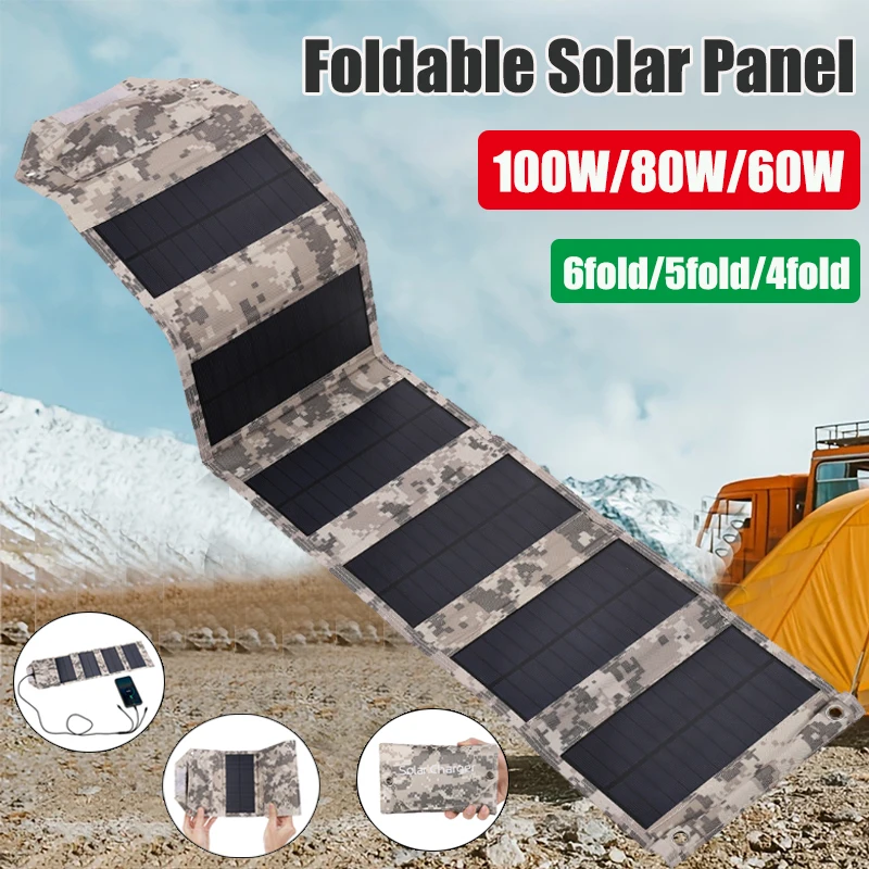 100W/80W/60W Foldable Solar Panel 5V USB Portable Folding Bag for Cell Phone Outdoor Waterproof Power Bank for Camping Hiking portable solar panel solar charger panels solar panels