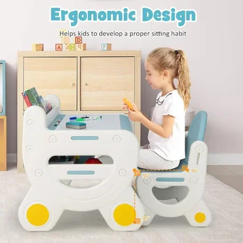Kids Table and Chair Set, Plastic Activity Table with Watercolor Pens, Blackboard Eraser & Storage Shelf for Drawing, Reading 3