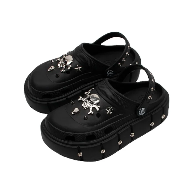 

Fashion Women Slippers Skull Punk Rivets Thick Heel Slippers Creative Metal Fittings Chunky Casual Party Sandals Female Loafers