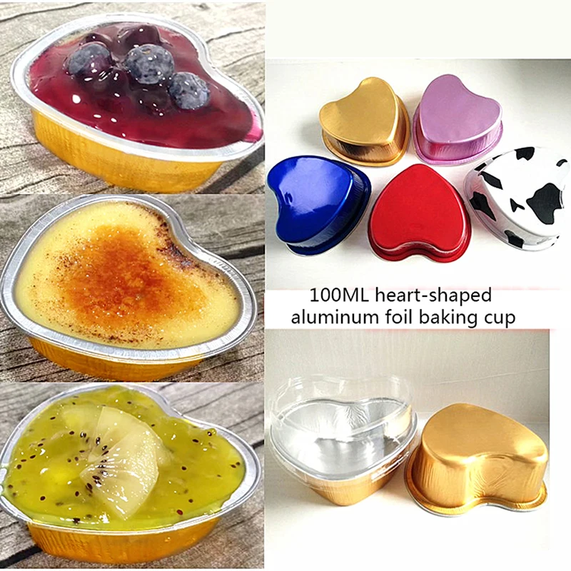 Hot!!10Pcs 100ml Aluminum Foil Cake Pan Heart Shaped Cupcake Cup with Lids Flan Baking Pans for Mother's Day Wedding Birthday