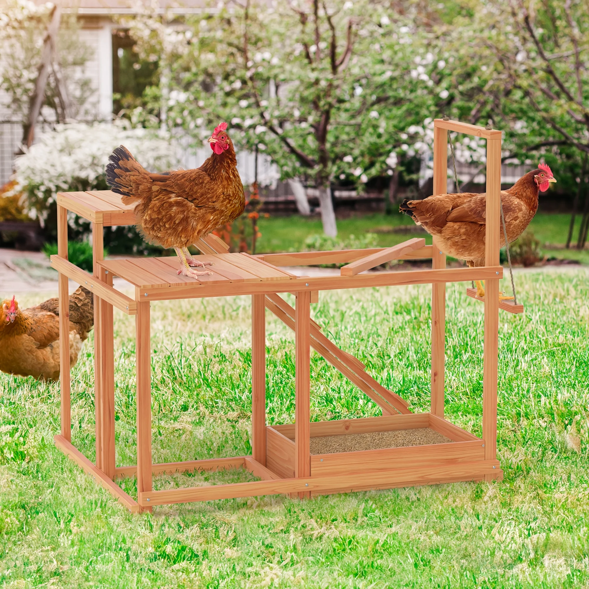 Chicken Activity Play Chicken Perches for Poultry Run, Swing Stand, Wood Chicken Toy for 3-4 Birds, Wooden Chicken Coops Accessory with Multiple Perches & Ladder & Feeder