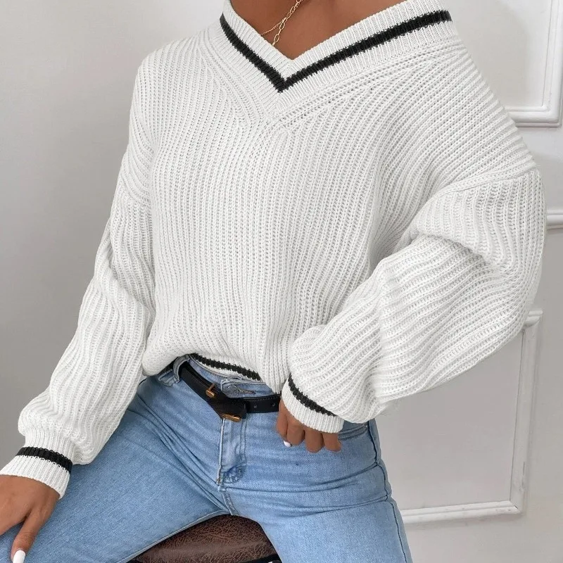 

Autumn Winter Long Sleeve Bottoming Knitwear Tops Pullovers Women Soft Warm Sweaters Fashion V-neck White Loose Clothes 28224