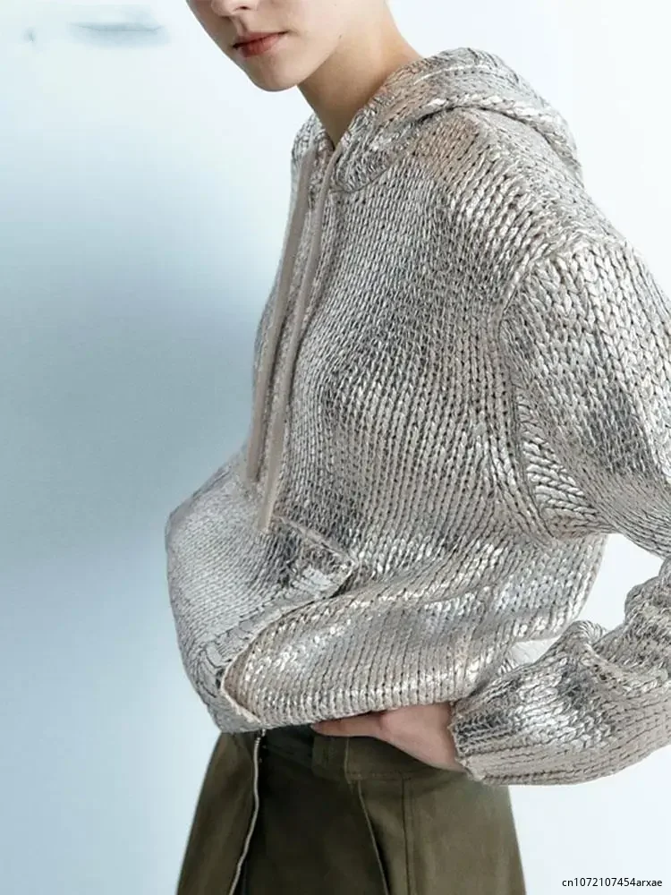 

Chic Metallic Rib Trim Foil Hooded Sweater for Women Casual Long Sleeve Drawstring Pullover 2023 Autumn Lady Elegant Sweatshirt