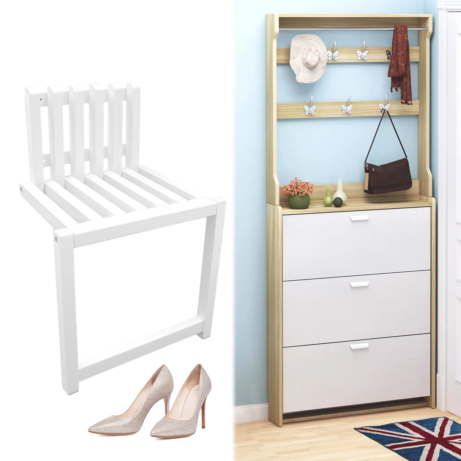 Foldable Wall-mounted Chair With Screws Solid Wood Chair Entryway Chair Folding Bath Seat Bench Shower Chair Space-saving 4