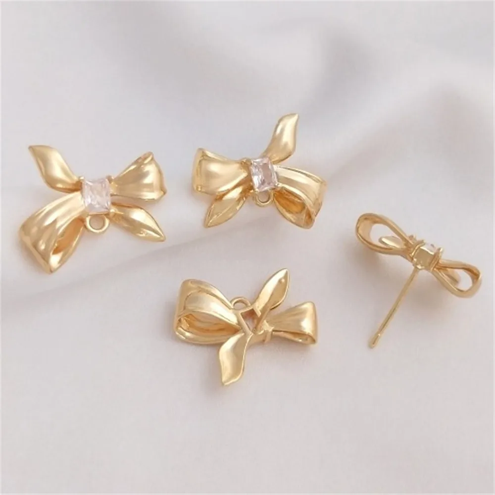 14K Gold Rectangular Zirconium Fashion Bow with Rings Earrings 925 Silver Needle Handmade Diy Earrings E253 jewelry box necklace bracelet rings cardboard packaging display box gifts jewelry storage organizer holder with sponge inside