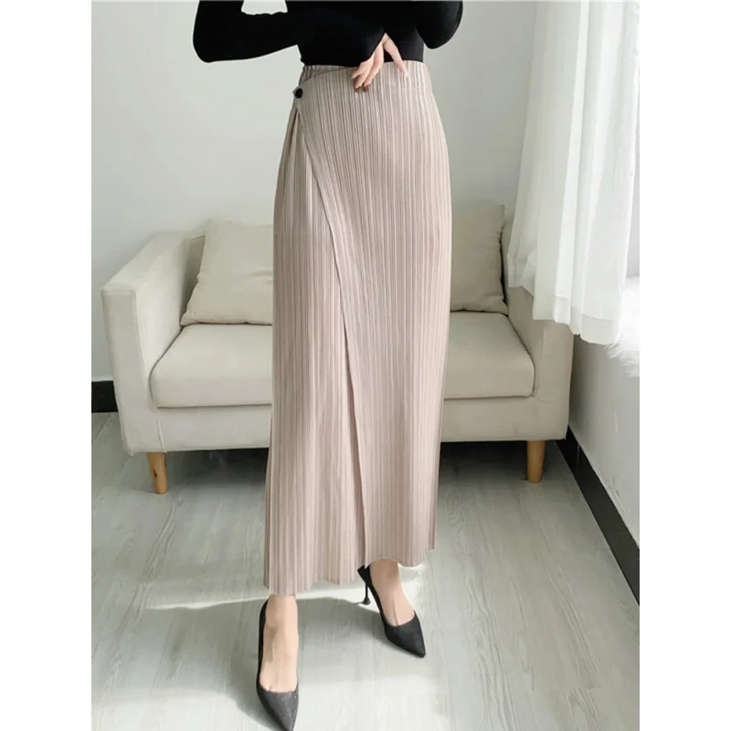 Miyake Women Pleated Solid Color Ankle-length Pants Elastic Waist Wide Leg Straight Female Trsouser Loose 2023 Summer