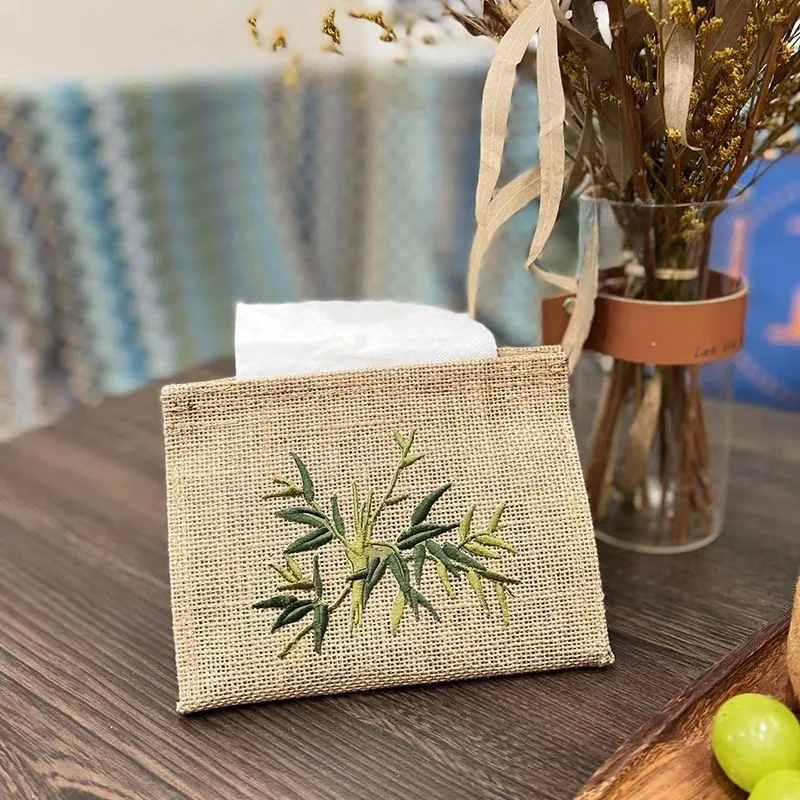 

New Chinese Style Tissue Box Retro Tissue Box Home National Trend Jute Embroidery Living Room Bedroom Restaurant Tissue Storage