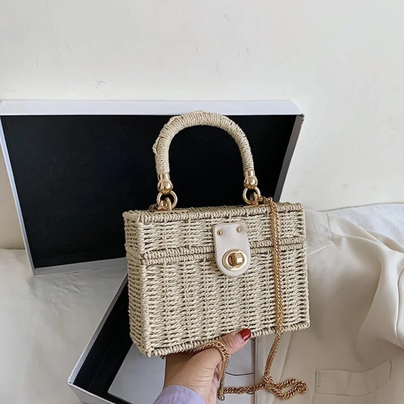 Yogodlns Summer Hot Straw Bag Women Handmade Rattan Shoulder Bag Travel Vacation Beach Bag Fashion Small Square Bag Box Pouch
