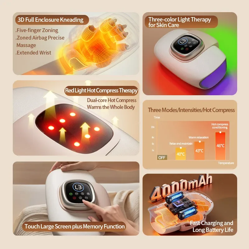 Electric Hand Massager Light Therapy Air Pressure Wrist Shiatsu Kneading Finger Acupoint Warm Hand Massage Device Spa Care
