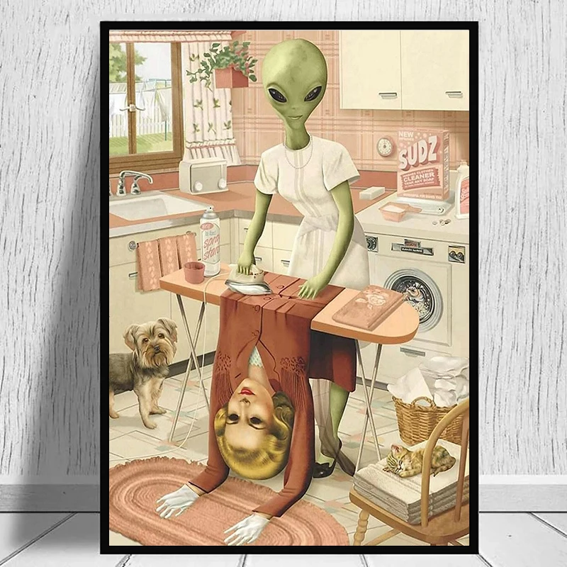 Póster divertido de Alien Do Laundry, pintura en lienzo, arte de