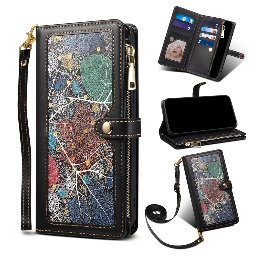 Crossbody Zipper Wallet Case with Card Holder and Lanyard Attachment in Leather
