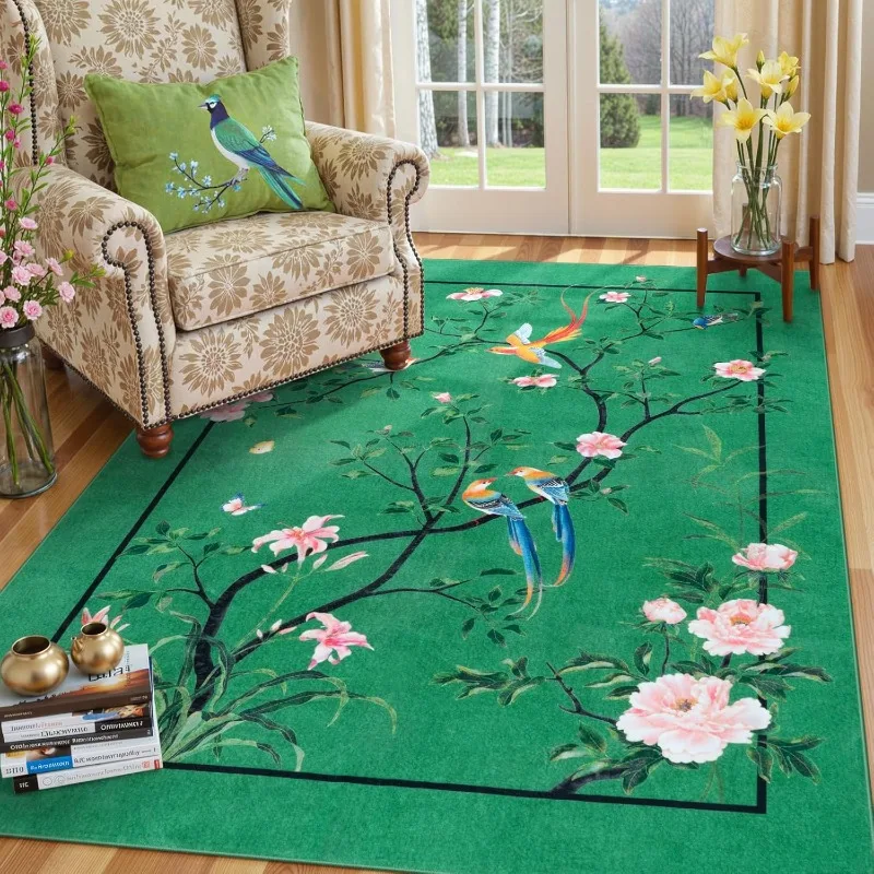 Chinese Living Room Carpet Bird Pattern Luxury Art Bedroom Plush Rug Foldable Machine Washable Non-slip Sofa Coffee Table Mat 러그