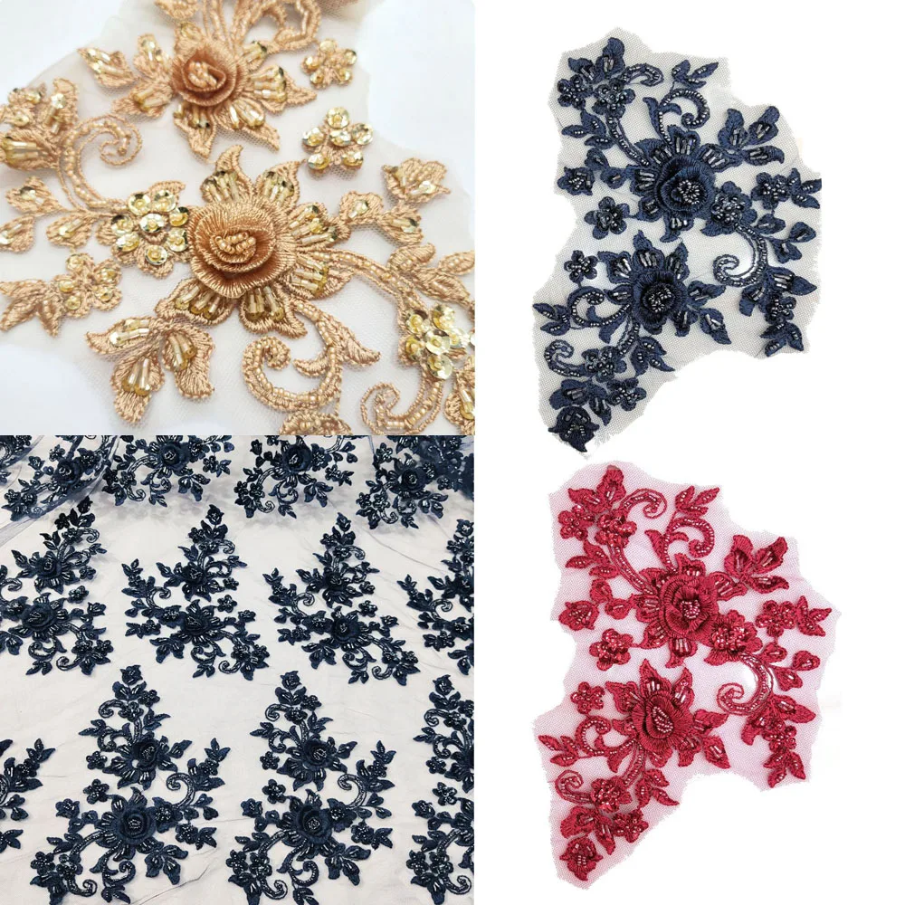 1PairBeadedAppliqueFlowerPatchSewingDIYWeddingDressAccessoriesLaceFabricSequin
