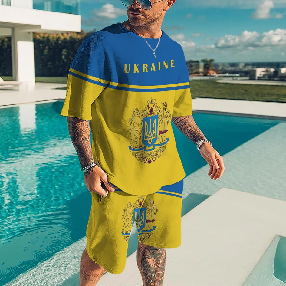 New Summer Men's Suit Ukraine Flag 3D Printing Ladies Casual Jogging Fashion Retro Personality T-Shirt + Shorts 2-piece set cantik quality ladies genuine leather belts retro styles pin buckle clothing accessories for women 3 2cm width fca002