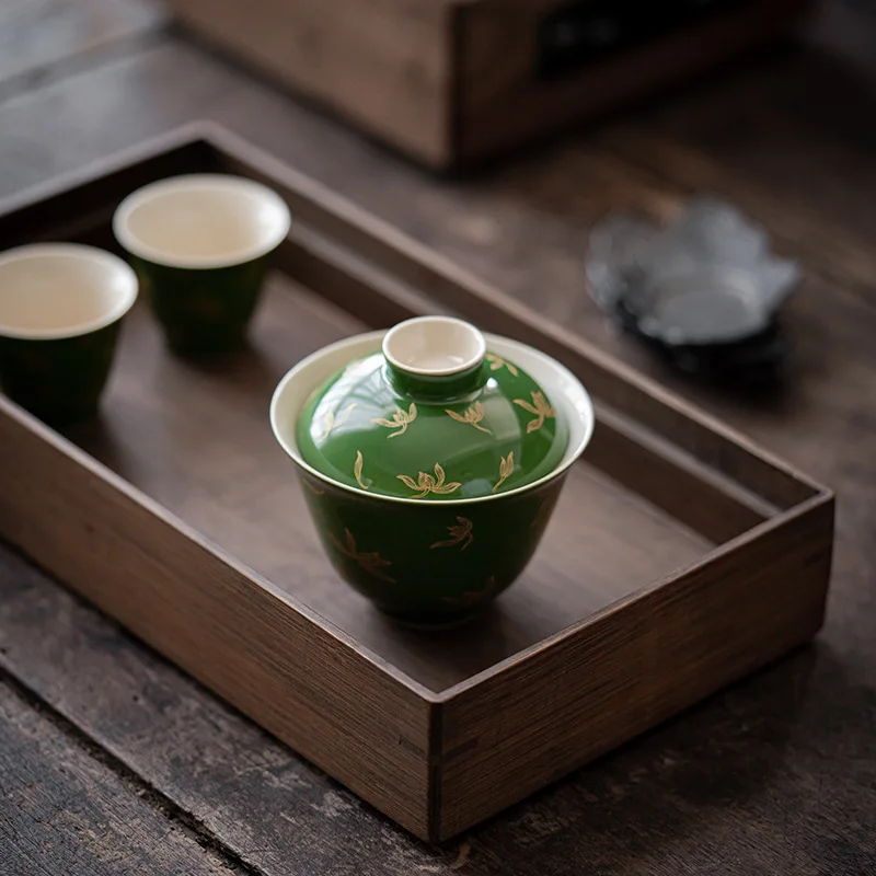 Teacup Green gilded covered bowl Tea making bowl Kung Fu Tea Set Ceramic cup Sancai covered Colored glaze tea cup set