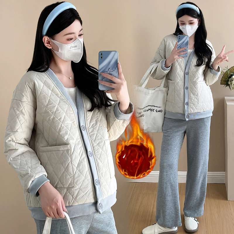 Winter Short Maternity Coats with Pockets Long Sleeve V-neck Button Fly Pregnant Woman Plaid Cotton Outwear Fashion Lady Jackets