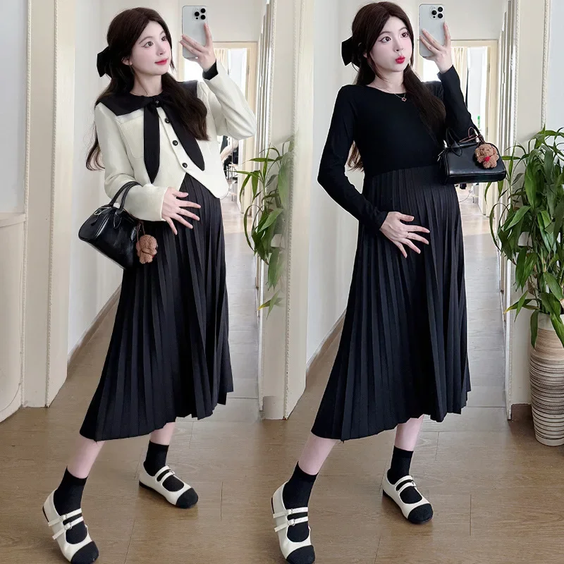 Spring Autumn Maternity Dress 2-Piece Set French Style