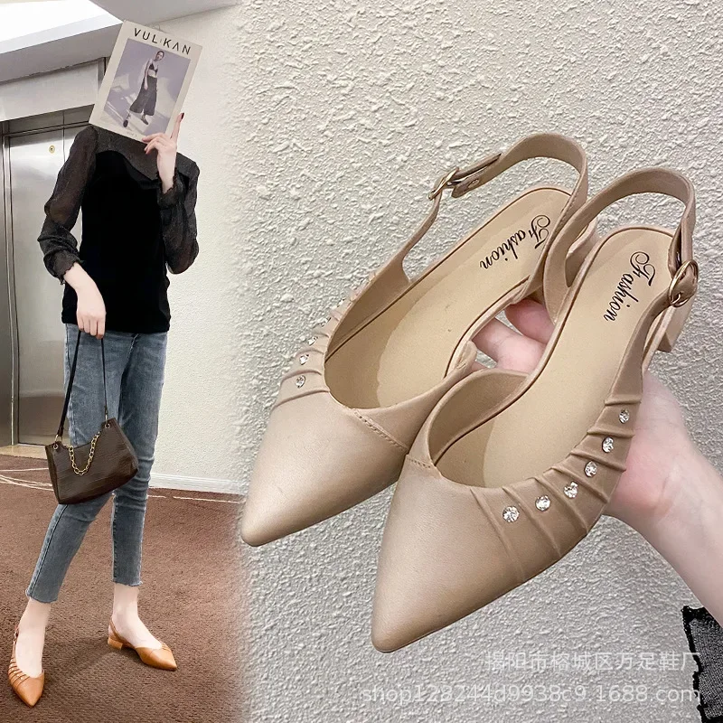 2021 New Vintage French Style Women's Sandals Pointed Toe Fine Heel Lazy Person Shoes Slippers Summer Flats Shoes For Women 3