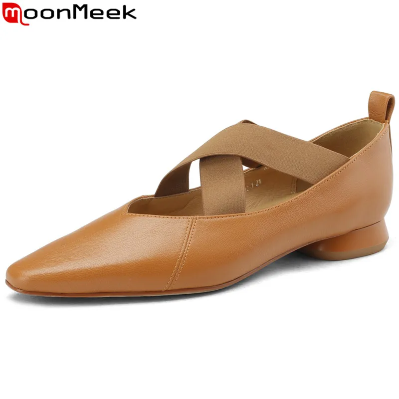 

MoonMeek 2023 New Square Toe Ladies Dress Shoes Shallow Sheepskin Flats Shoes Concise Elastic Band Solid Flats