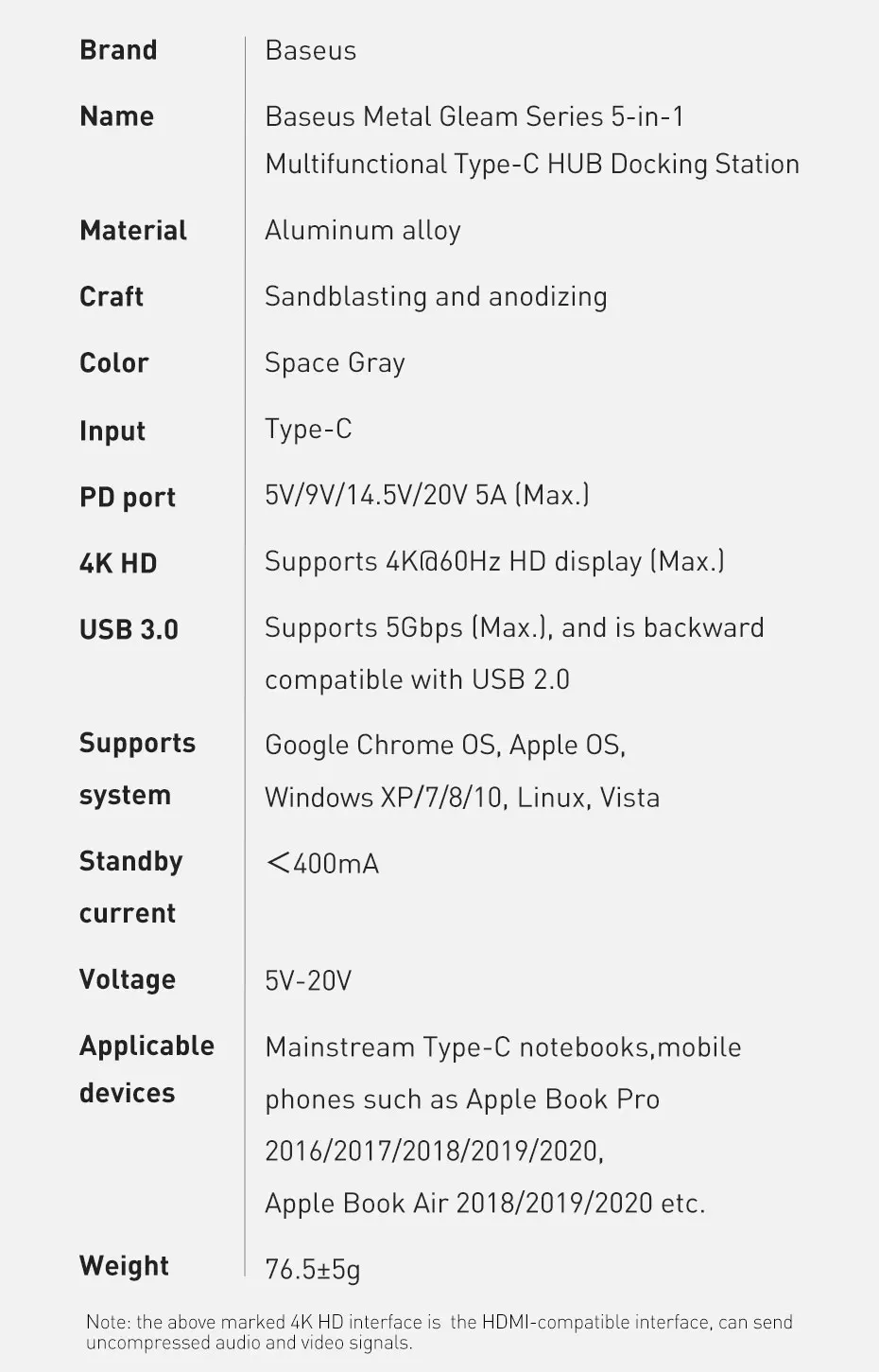 divisor Compatível com HDMI, PD 100W, Dock
