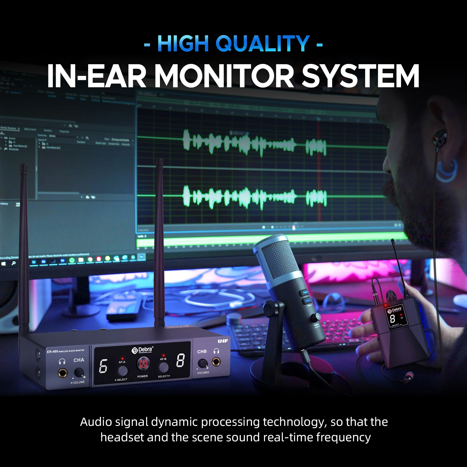 데브라 UHF ER-480 전문 무선 인이어 모니터 시스템 50M 전송 거리 교회 무대용 16 주파수 조정