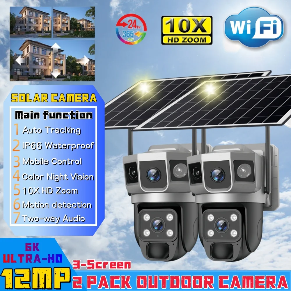 12MP Dual lens Solar IP Camera Three Screen Wifi 6K Security Outdoor Webcam PIR Night Vision Waterproof Home Surveillance