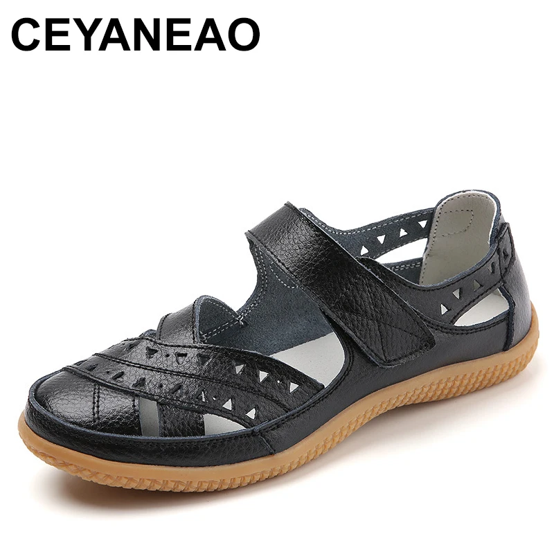 

Female Women Mother Genuine Leather Hollow White Shoes Sandals Flats Loafers Summer Cool Beach Plus Size