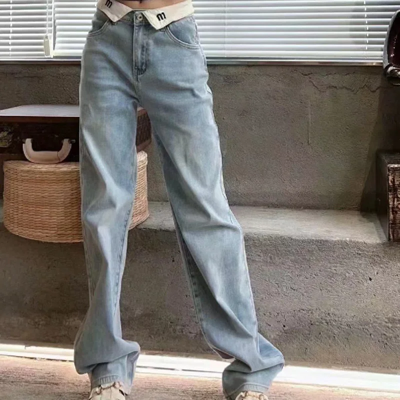 

Luxury White Lapel Letter Design Brand Jeans Women High Waisted Trousers Blue Straight Tube Wide Leg Casual Fsshion Denim Pants
