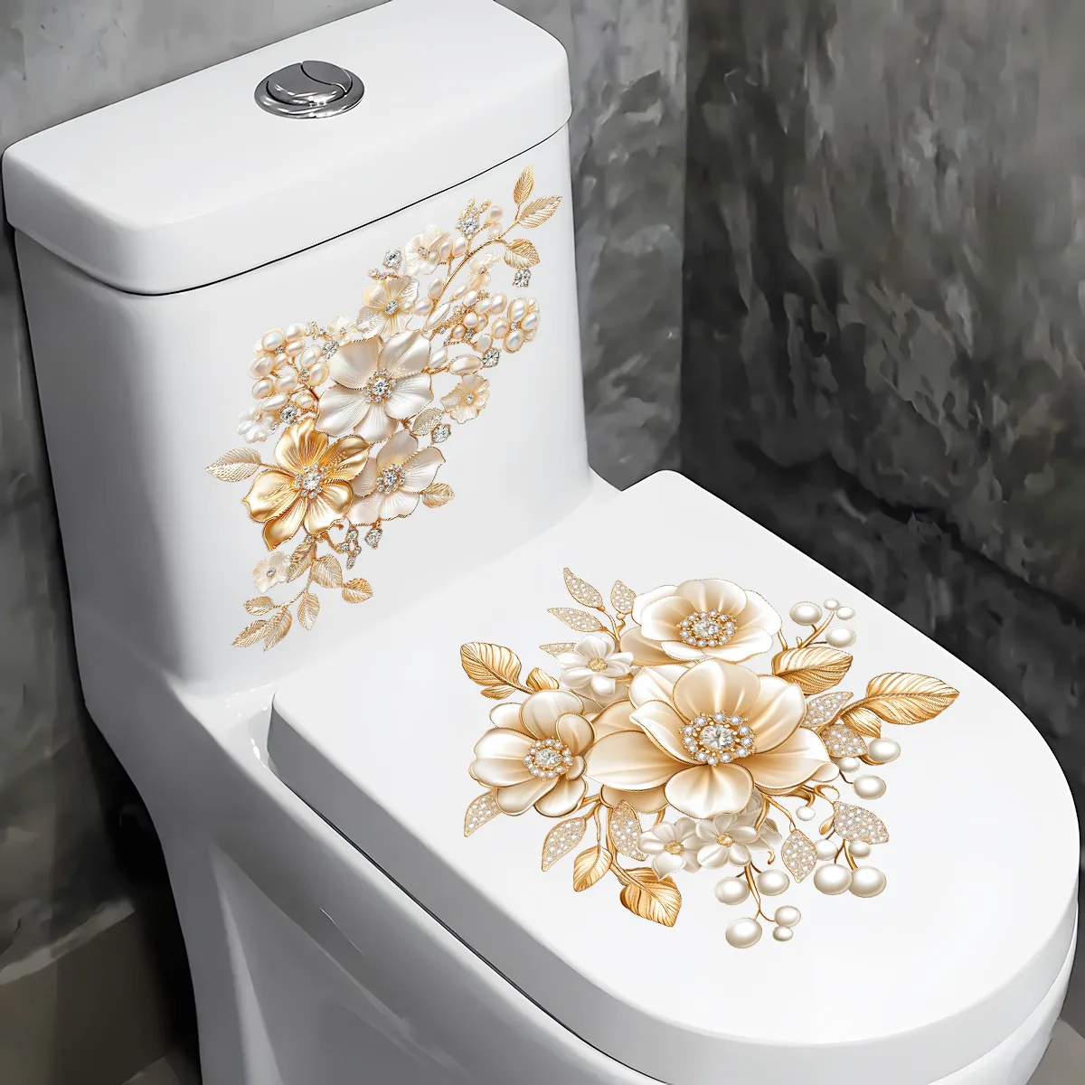 1 Sheet Beautiful Golden Flower Toilet Sticker Bathroom Toilet Cover Decorative Sticker Waterproof Self Adhesive