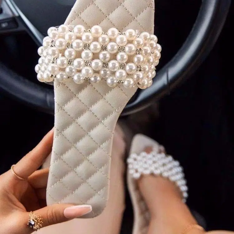 

New Style Sweet Fairy Women's Flat Track Handmade Beaded Slippers Women's Flat Track Slippers Soft Rubber Outsole Comfortable