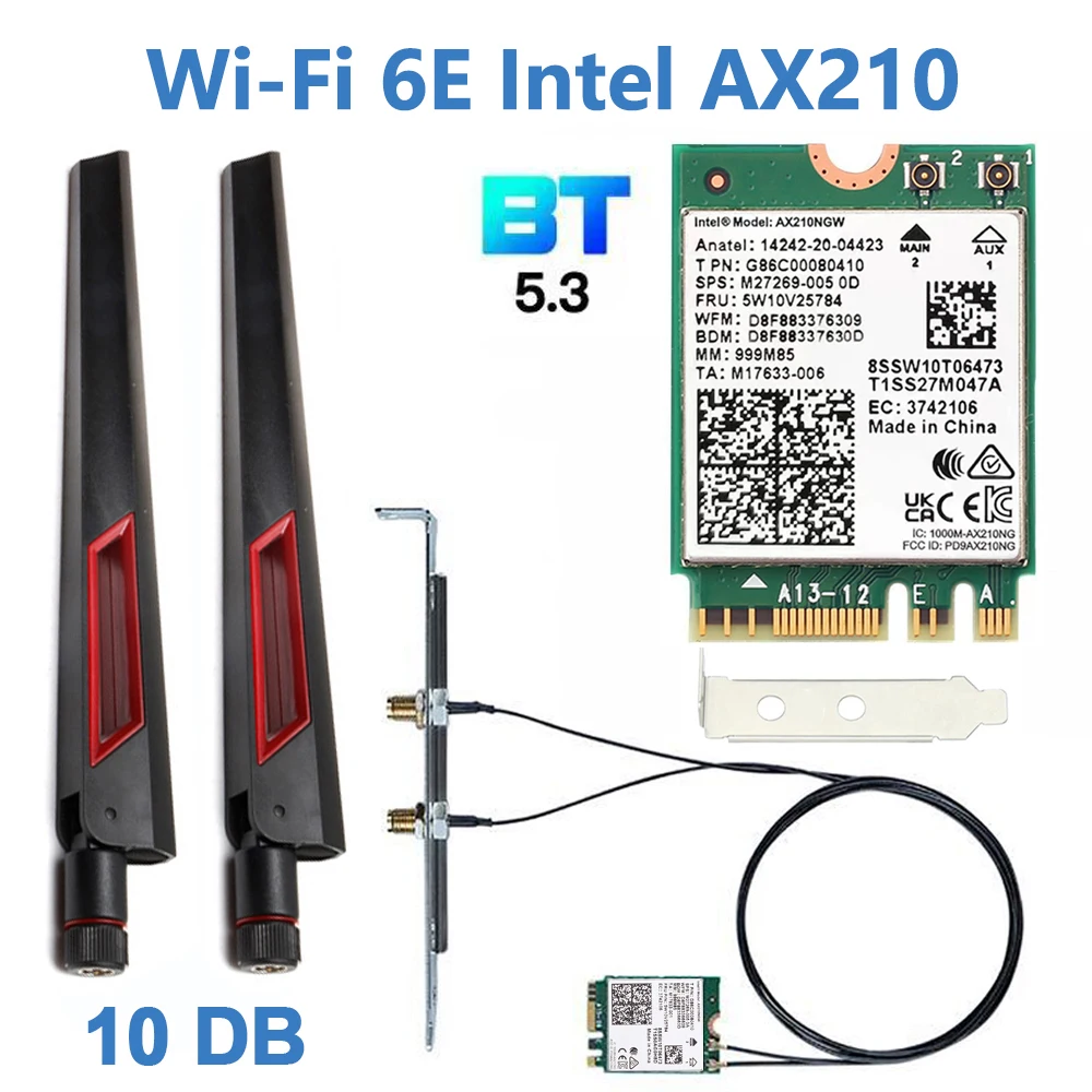 3000 Mbps WiFi 6E Intel AX210NGW Bluetooth 5.3 M.2 2230 Key E Carte WiFi 6  2.4G / 5Ghz / 6Ghz avec antennes IPEX4 Adaptateur WiFi sans Fil 802.11ac /