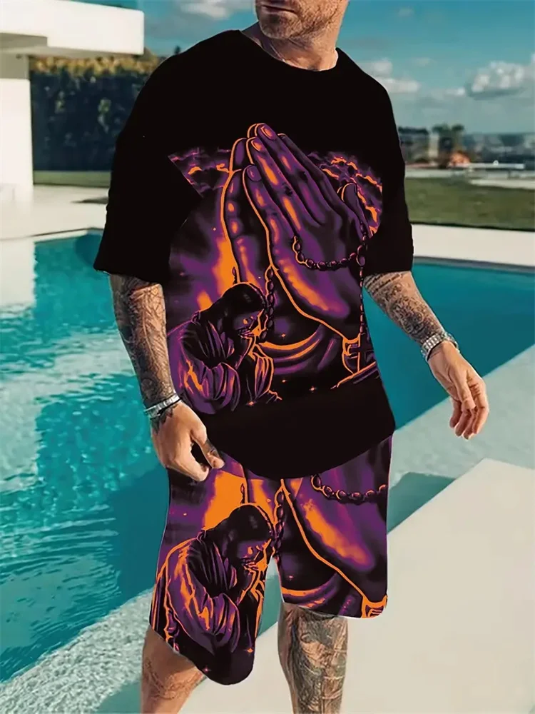 Fashion New Plus Size Men's Suit Cross Jesus Printed Suit Summer Cool Breathable Short Sleeve Drawstring Shorts Faith Clothing 2