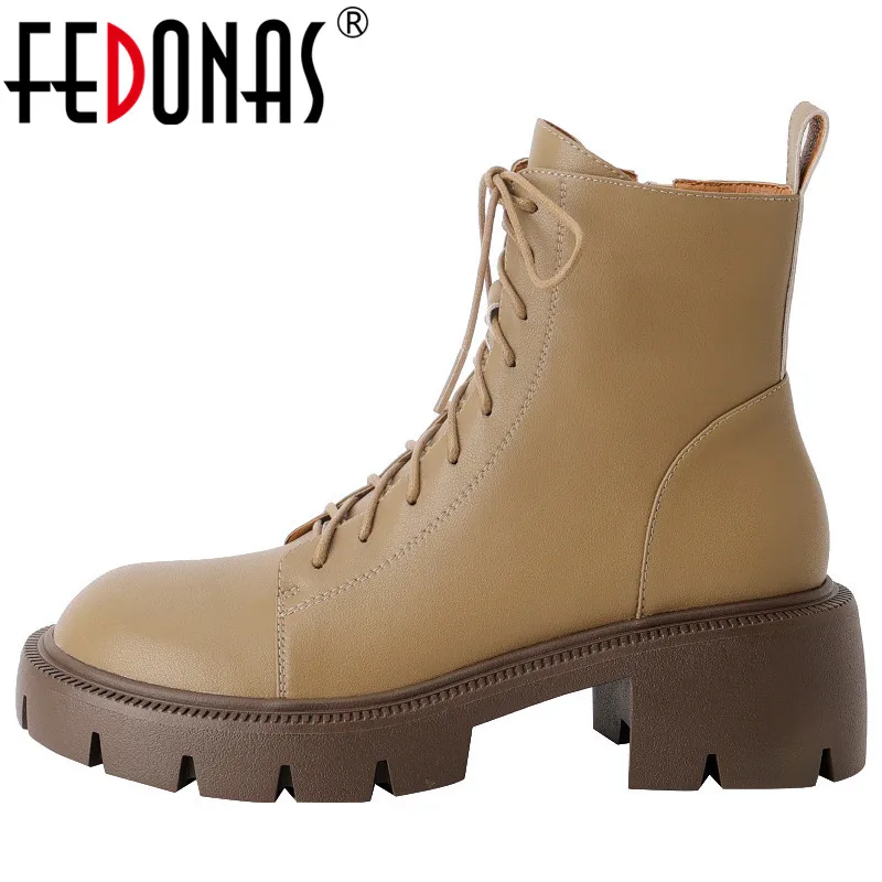 

FEDONAS/женские ботильоны; Сезон осень-зима; Повседневная рабочая обувь на толстом каблуке; Обувь из натуральной кожи; Женские модные полусапожки с перекрестной шнуровкой