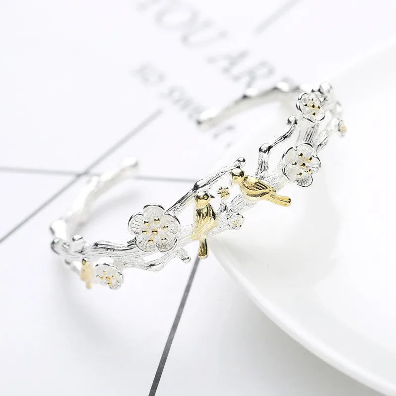 Hot Sale 925 Sterling Silver Cherry Blossom Flowers Golden Birds Open Charm Bracelet & Bangles For Women Girl Pulseras XB099 2