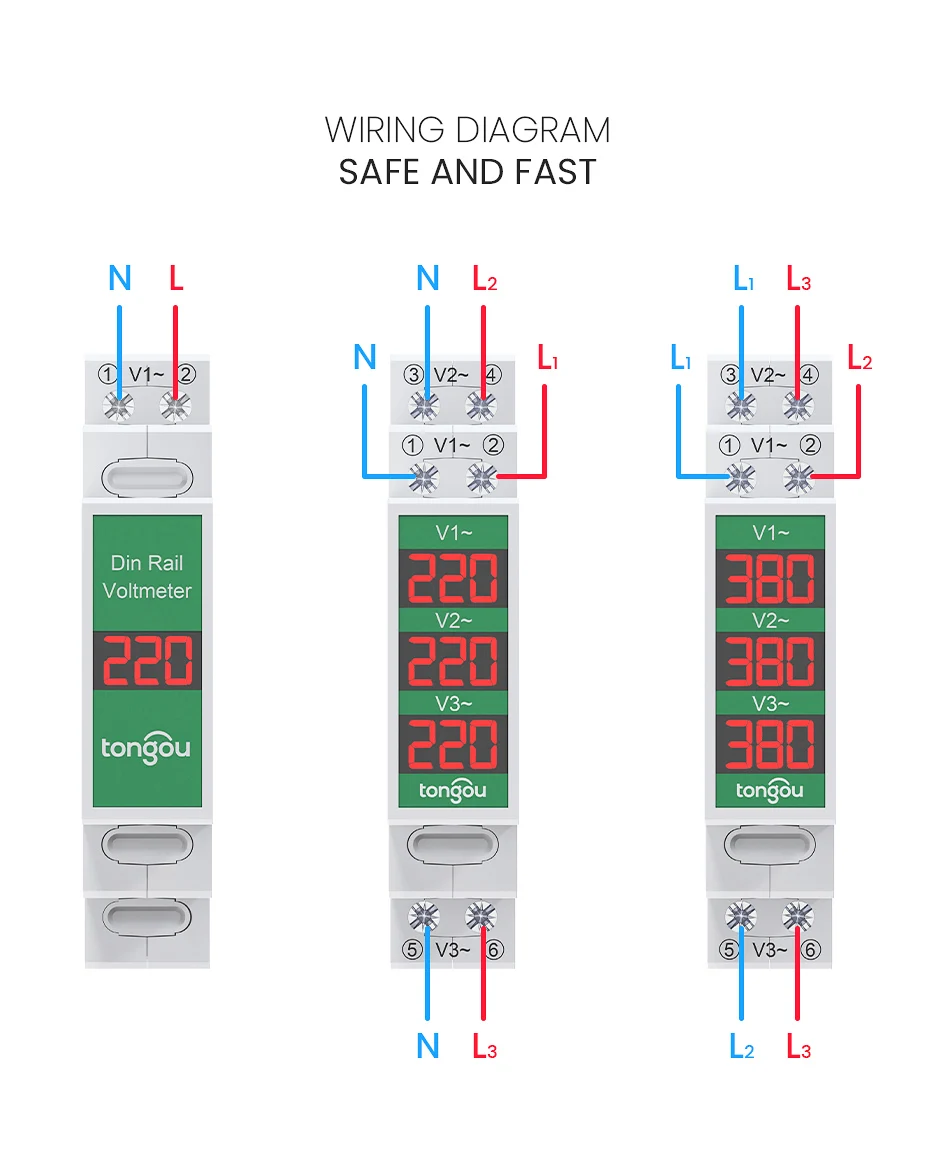 Three Phase Voltage Meter Ac 60V-450V Mini Modular Voltmeter Gauge Indicator LE
