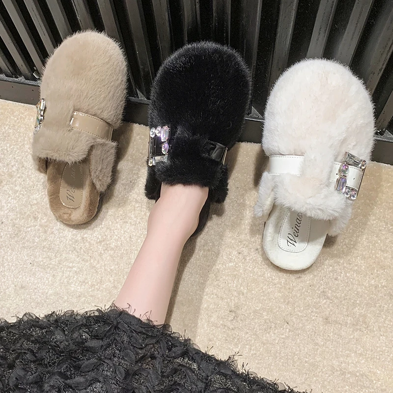 

Шлепанцы женские из ПУ кожи, с мехом, на плоской подошве