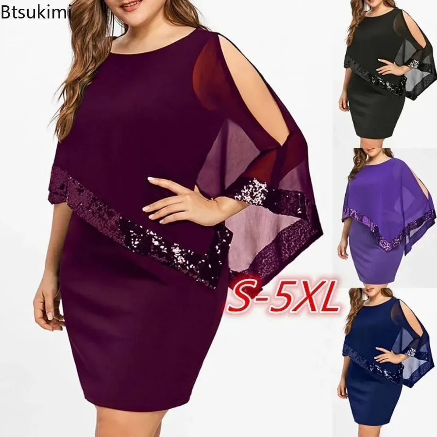 

2024 Elegant Dresses For Women Plus Size Mesh Dress Cold Shoulder Overlay Asymmetric Chiffon Strapless Sequins Dress Sexy Party