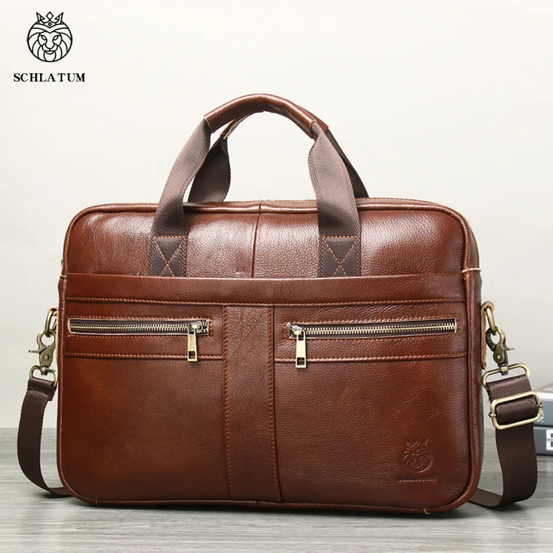 SCHLATUM Genuine Leather Briefcases Hard For Men 15.6 Inch Office Bussiness Computer Bag Vintage Handbags Laptop Briefcase Bags