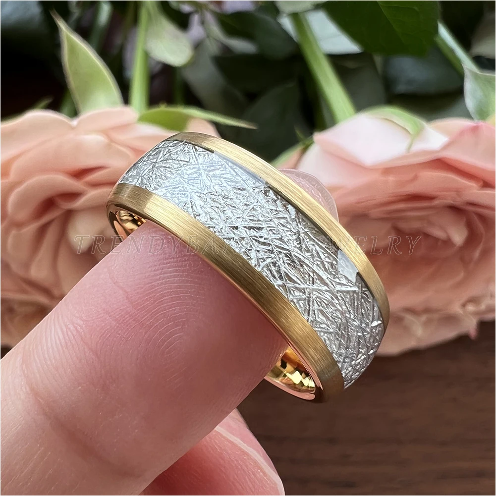 8 mm, 3 Farben, Meteorit-Inlay, Wolframkarbid-Ringe für Männer und Frauen, Ehering, gewölbtes, gebürstetes Finish, bequeme Passform – Detail 9