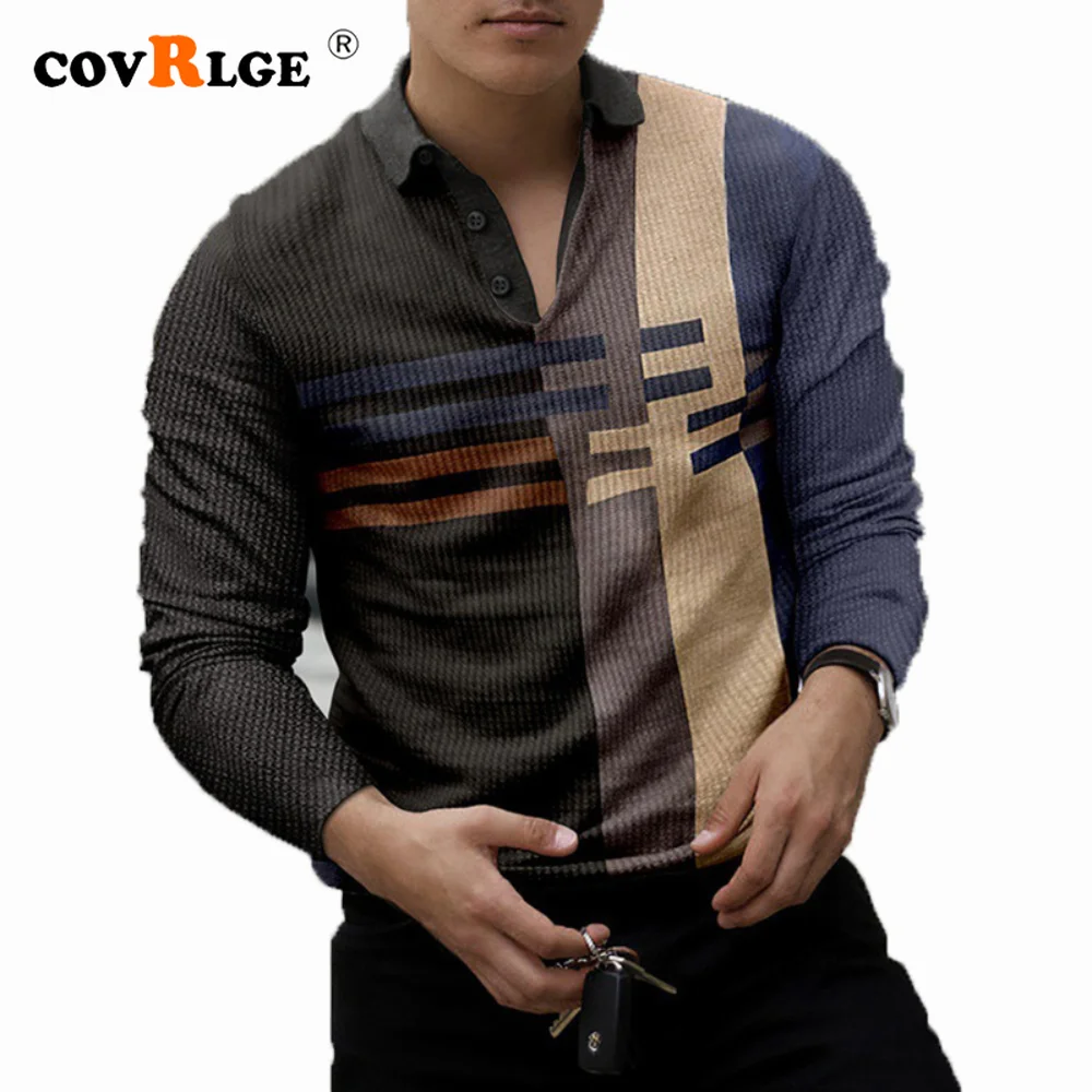 

Covrlge Men's 3D Digital Pattern Poloshirt Long-sleeved Casual Shirts for Me All Season Printing Top Male Streetwear MTP225