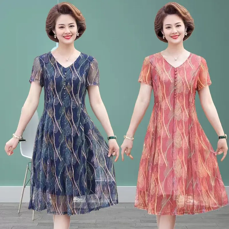 

2024 New Elegant Mom's Summer Mesh Dress For middle-aged Women Clothing Summer Short Sleeved V-neck Chiffon Dress Vestidos 133