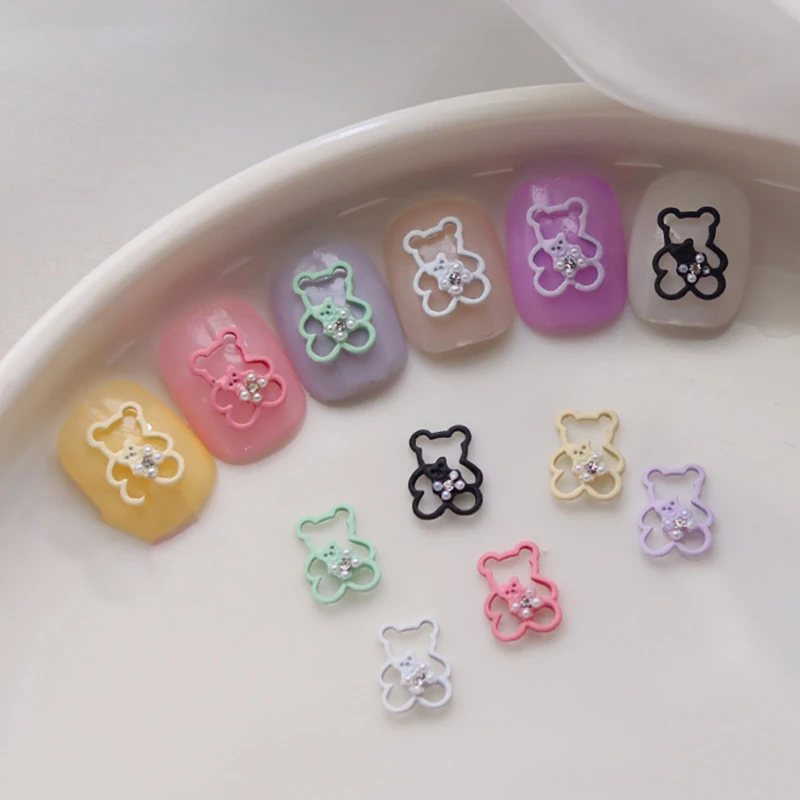

Korea Bear Hug Mini Bear With Pearl Ornamentds 3D DIYHollow Metal Brick Bears Gummy Kawaii Gliiter Nail Charm Accessories 9*11Mm