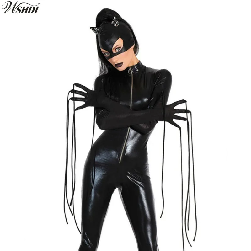 Halloween Cat Cosplay Body Black Wet Look Pelle Catsuit Tuta Costume Nightclub Stage Play Party Outfit