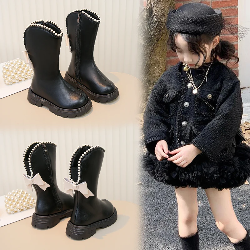 Girls Fleece Winter Boots with Beaded Bow Non Slip