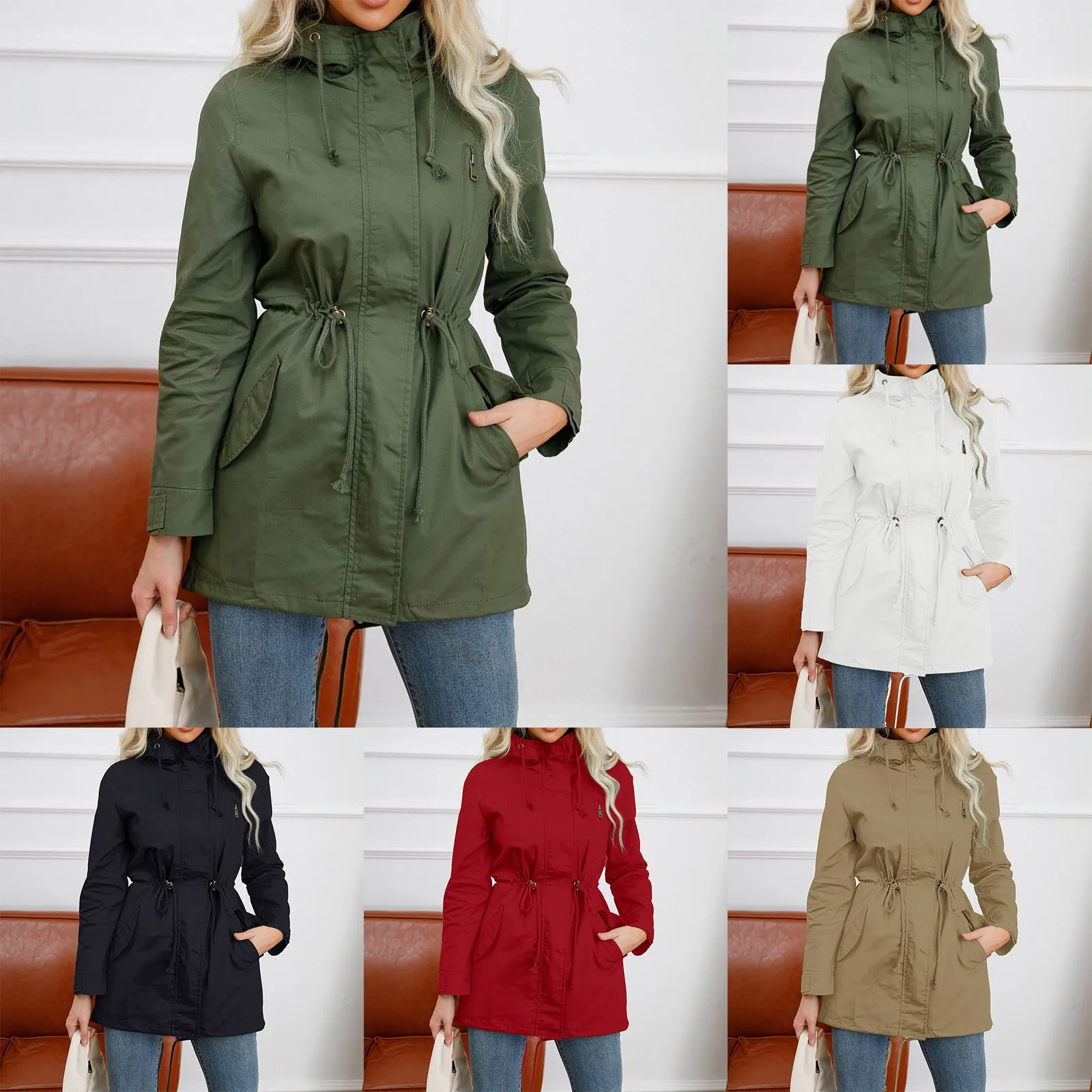 

Women's Zippered Long Sleeved Solid Color Hooded Loose Windbreaker Jacket